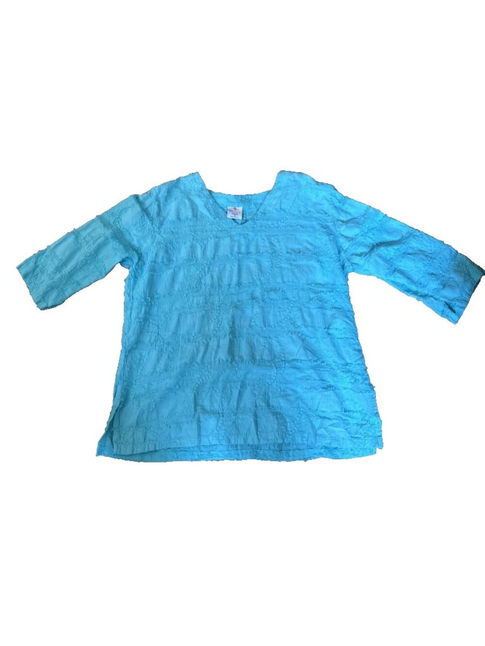Sea Breeze Of California Shaggy Eyelash V-Neck Top Aqua Blue Cotton Small PullOn